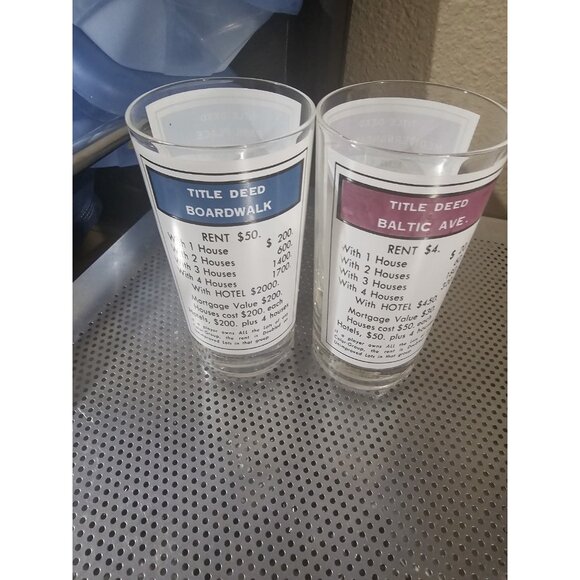 Monopoly Game Drinking Set Of 2 Glasses Baltic Mediterranean & Boardwalk - Picture 2 of 3
